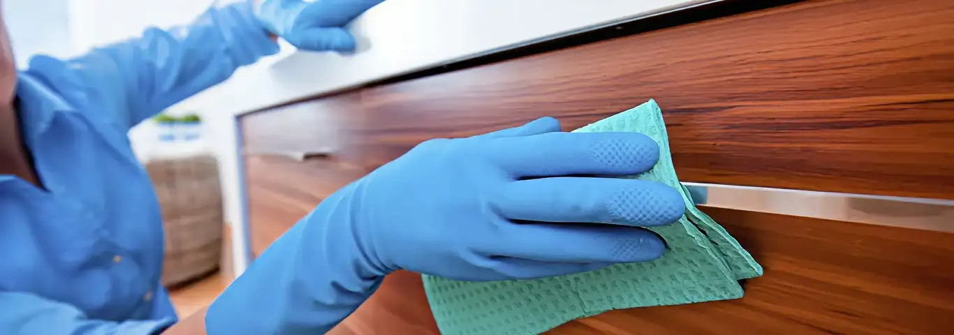 Cleaner wearing blue gloves wiping a wooden cabinet drawer with a microfiber cloth for dust and grime removal, Wilmington, NC.