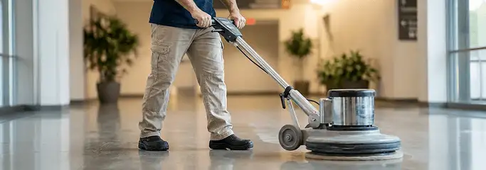 Professional technician using an industrial floor buffer to polish and maintain shiny commercial flooring in a corporate hallway in Wilmington, NC.