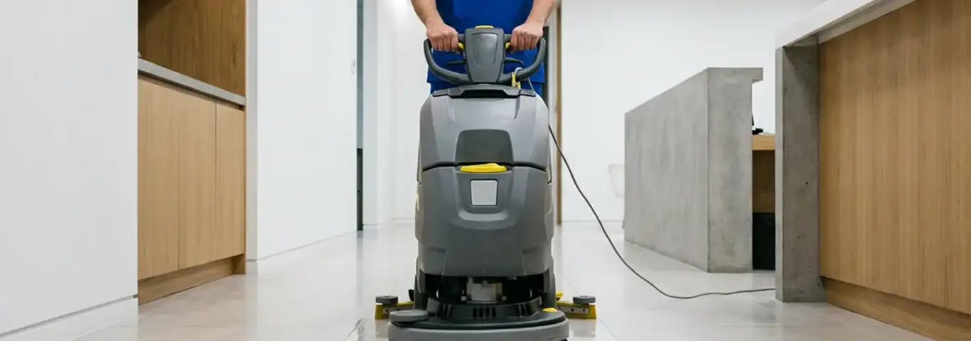 Janitorial staff using a floor scrubber machine to clean a commercial hallway, Wilmington, NC.