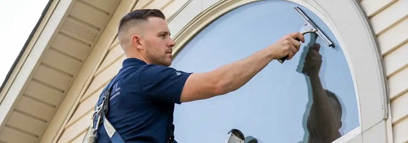 Professional window cleaner using a squeegee to clean an exterior arched window on a home, Wilmington, NC.