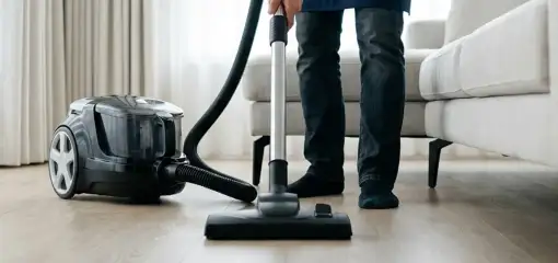 Professional house cleaner vacuuming a living room floor with a canister vacuum cleaner, Wilmington, NC.