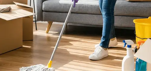 Move-out cleaning setup with a cleaner mopping hardwood floors near moving boxes and cleaning supplies, Wilmington, NC.