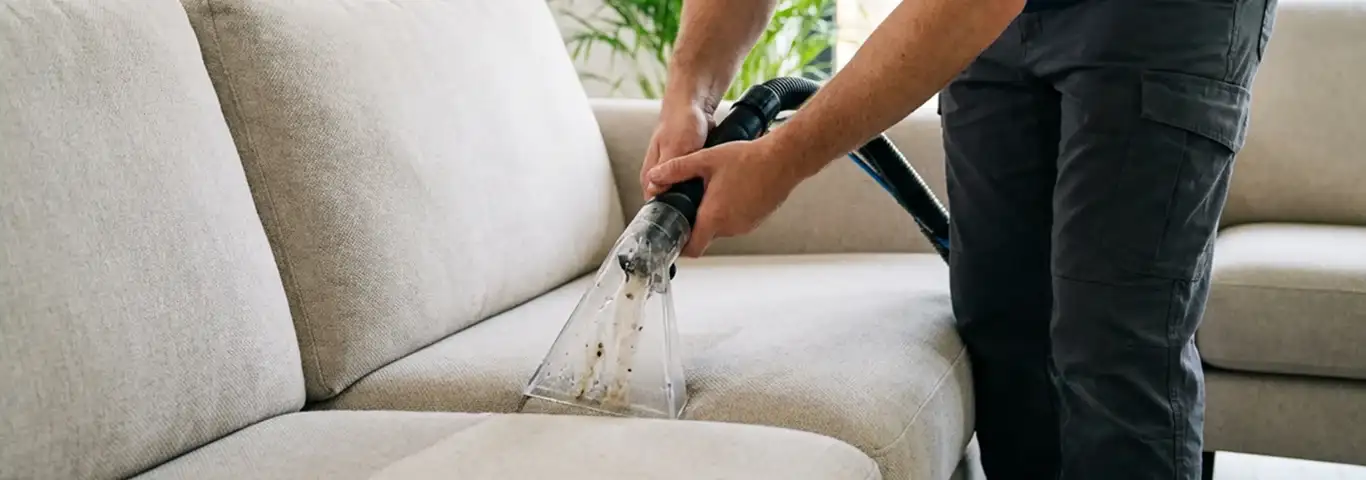 Technician extracting dirt and moisture from a fabric sofa with an upholstery cleaning wand, Wilmington, NC.