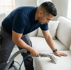 Professional upholstery cleaning technician using an extraction wand to deep-clean a fabric sofa, Wilmington, NC.