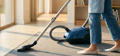 Person vacuuming a living room rug with a canister vacuum cleaner near large windows, Wilmington, NC.